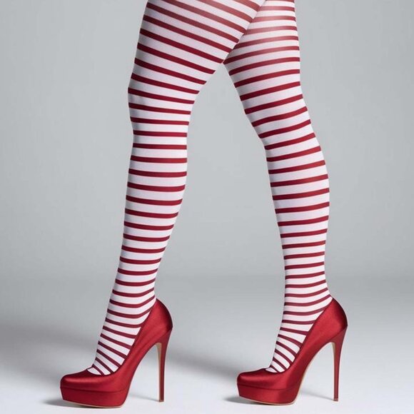Striped Tights Plus 1x/2x (16-20) 3x/4x (22-26) Womens Opaque Red-White Hosiery - Picture 9 of 10